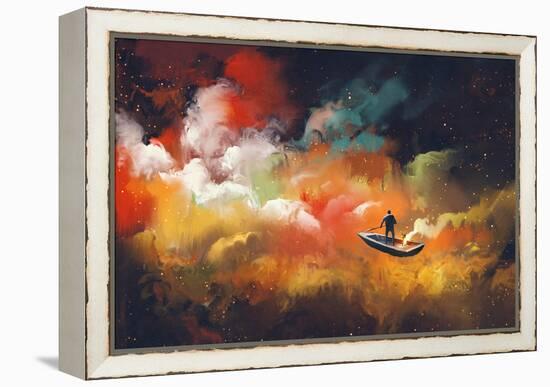 Man on a Boat in the Outer Space with Colorful Cloud,Illustration-Tithi Luadthong-Framed Stretched Canvas