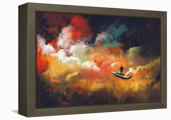 Man on a Boat in the Outer Space with Colorful Cloud,Illustration-Tithi Luadthong-Framed Stretched Canvas