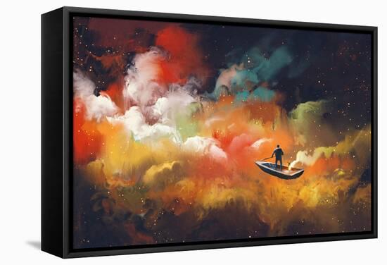 Man on a Boat in the Outer Space with Colorful Cloud,Illustration-Tithi Luadthong-Framed Stretched Canvas