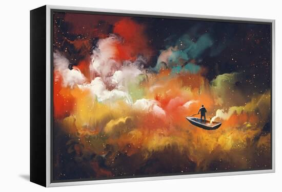 Man on a Boat in the Outer Space with Colorful Cloud,Illustration-Tithi Luadthong-Framed Stretched Canvas