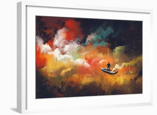 Man on a Boat in the Outer Space with Colorful Cloud,Illustration-Tithi Luadthong-Framed Premium Giclee Print