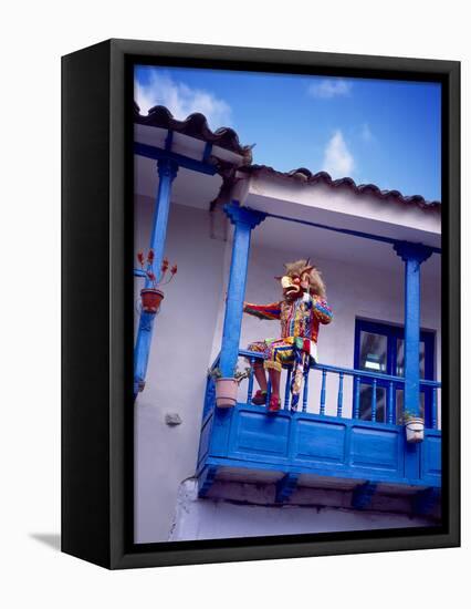 Man on Balcony Rail During Village Festival, Chinceros, Peru-Jim Zuckerman-Framed Premier Image Canvas