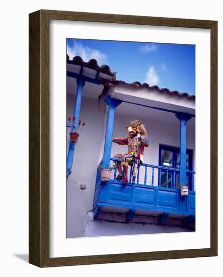 Man on Balcony Rail During Village Festival, Chinceros, Peru-Jim Zuckerman-Framed Photographic Print