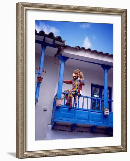 Man on Balcony Rail During Village Festival, Chinceros, Peru-Jim Zuckerman-Framed Photographic Print