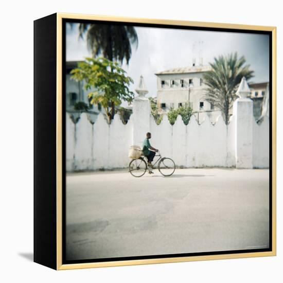 Man on Bicycle with Old Buildings Behind, Stone Town, Zanzibar, Tanzania, East Africa, Africa-Lee Frost-Framed Premier Image Canvas