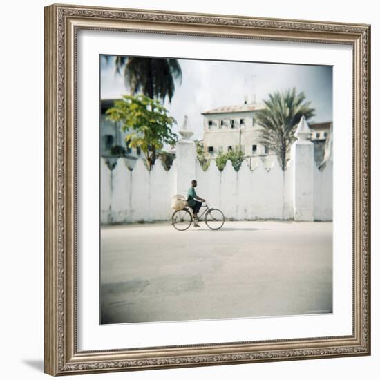 Man on Bicycle with Old Buildings Behind, Stone Town, Zanzibar, Tanzania, East Africa, Africa-Lee Frost-Framed Photographic Print