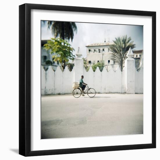 Man on Bicycle with Old Buildings Behind, Stone Town, Zanzibar, Tanzania, East Africa, Africa-Lee Frost-Framed Photographic Print