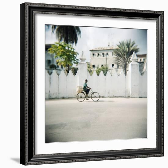 Man on Bicycle with Old Buildings Behind, Stone Town, Zanzibar, Tanzania, East Africa, Africa-Lee Frost-Framed Photographic Print