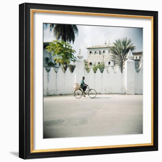 Man on Bicycle with Old Buildings Behind, Stone Town, Zanzibar, Tanzania, East Africa, Africa-Lee Frost-Framed Photographic Print