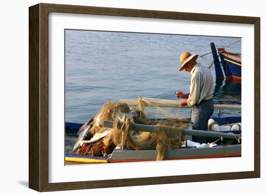 Man on Board a Fishing Boat, Sami, Kefalonia, Greece-Peter Thompson-Framed Photographic Print