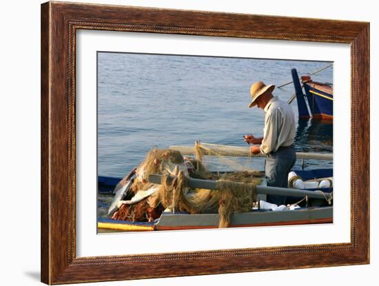 Man on Board a Fishing Boat, Sami, Kefalonia, Greece-Peter Thompson-Framed Photographic Print