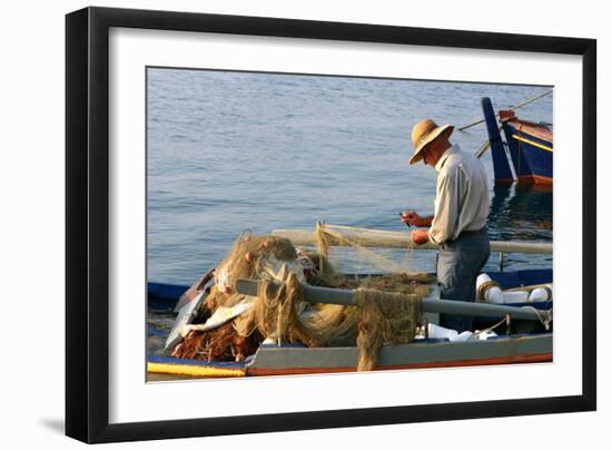 Man on Board a Fishing Boat, Sami, Kefalonia, Greece-Peter Thompson-Framed Photographic Print