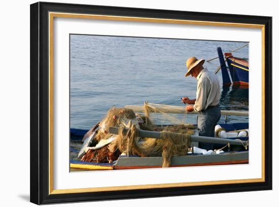 Man on Board a Fishing Boat, Sami, Kefalonia, Greece-Peter Thompson-Framed Photographic Print