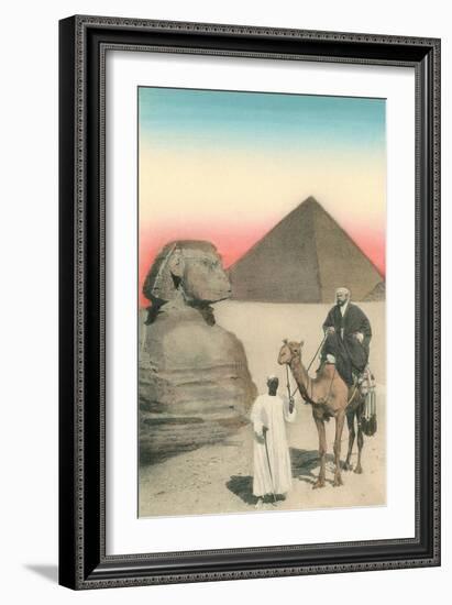 Man on Camel, Sphinx, Pyramid-null-Framed Art Print