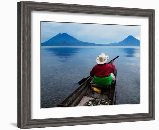 Man on Canoe in Lake Atitlan, Volcanoes of Toliman and San Pedro Pana Behind, Guatemala-Keren Su-Framed Photographic Print