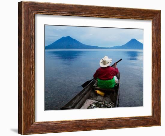 Man on Canoe in Lake Atitlan, Volcanoes of Toliman and San Pedro Pana Behind, Guatemala-Keren Su-Framed Photographic Print