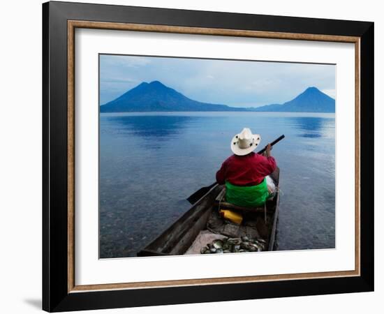 Man on Canoe in Lake Atitlan, Volcanoes of Toliman and San Pedro Pana Behind, Guatemala-Keren Su-Framed Photographic Print