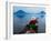 Man on Canoe in Lake Atitlan, Volcanoes of Toliman and San Pedro Pana Behind, Guatemala-Keren Su-Framed Photographic Print