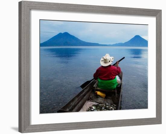 Man on Canoe in Lake Atitlan, Volcanoes of Toliman and San Pedro Pana Behind, Guatemala-Keren Su-Framed Photographic Print