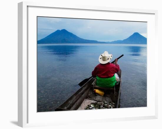 Man on Canoe in Lake Atitlan, Volcanoes of Toliman and San Pedro Pana Behind, Guatemala-Keren Su-Framed Photographic Print