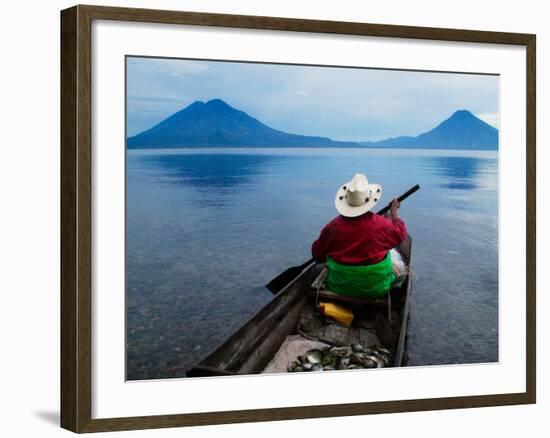 Man on Canoe in Lake Atitlan, Volcanoes of Toliman and San Pedro Pana Behind, Guatemala-Keren Su-Framed Photographic Print