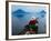 Man on Canoe in Lake Atitlan, Volcanoes of Toliman and San Pedro Pana Behind, Guatemala-Keren Su-Framed Photographic Print