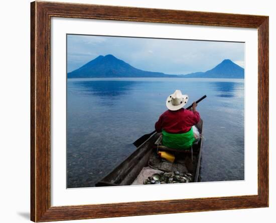 Man on Canoe in Lake Atitlan, Volcanoes of Toliman and San Pedro Pana Behind, Guatemala-Keren Su-Framed Photographic Print