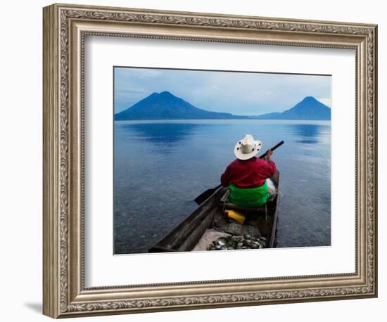 Man on Canoe in Lake Atitlan, Volcanoes of Toliman and San Pedro Pana Behind, Guatemala-Keren Su-Framed Photographic Print