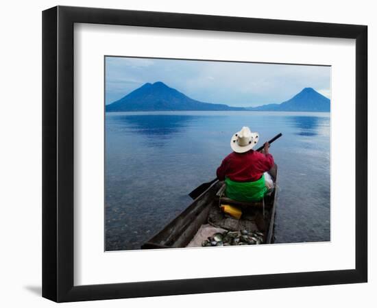 Man on Canoe in Lake Atitlan, Volcanoes of Toliman and San Pedro Pana Behind, Guatemala-Keren Su-Framed Photographic Print