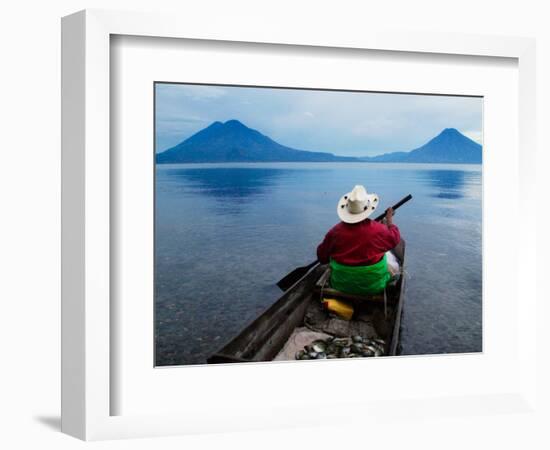 Man on Canoe in Lake Atitlan, Volcanoes of Toliman and San Pedro Pana Behind, Guatemala-Keren Su-Framed Photographic Print