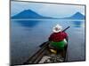 Man on Canoe in Lake Atitlan, Volcanoes of Toliman and San Pedro Pana Behind, Guatemala-Keren Su-Mounted Photographic Print