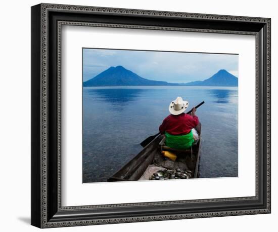 Man on Canoe in Lake Atitlan, Volcanoes of Toliman and San Pedro Pana Behind, Guatemala-Keren Su-Framed Photographic Print