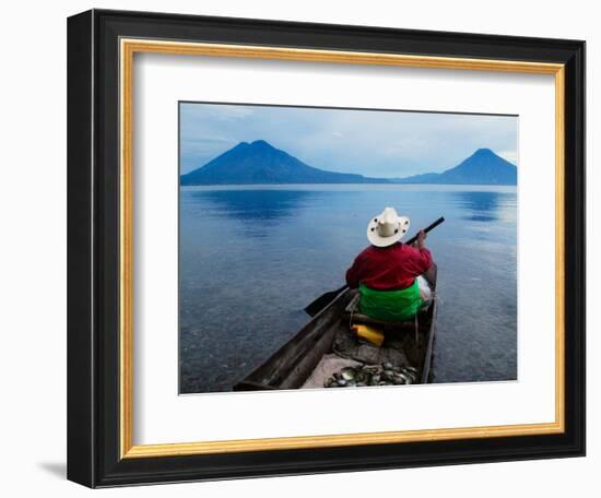 Man on Canoe in Lake Atitlan, Volcanoes of Toliman and San Pedro Pana Behind, Guatemala-Keren Su-Framed Photographic Print