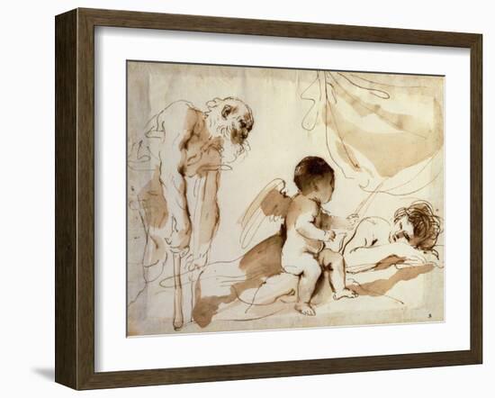 Man on Crutches, Cupid and Sleeping Venus (Pen, Ink and Wash on Paper)-Guercino (1591-1666)-Framed Giclee Print