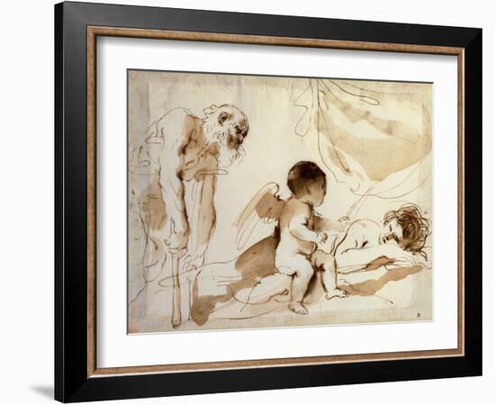 Man on Crutches, Cupid and Sleeping Venus (Pen, Ink and Wash on Paper)-Guercino (1591-1666)-Framed Giclee Print