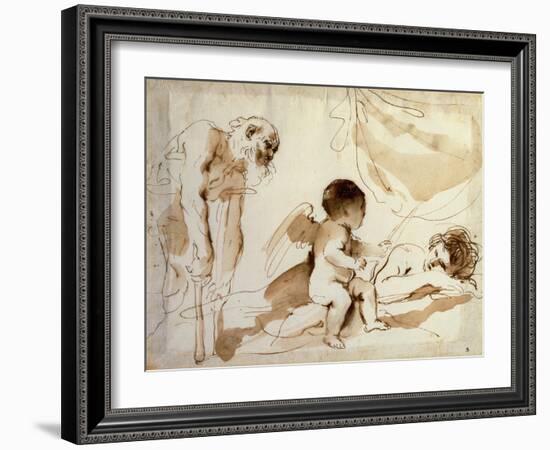 Man on Crutches, Cupid and Sleeping Venus (Pen, Ink and Wash on Paper)-Guercino (1591-1666)-Framed Giclee Print