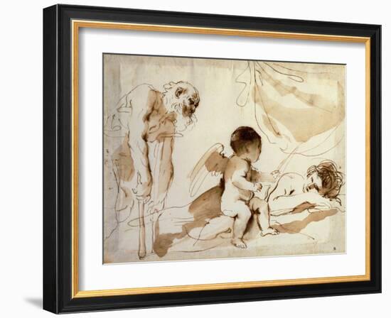 Man on Crutches, Cupid and Sleeping Venus (Pen, Ink and Wash on Paper)-Guercino (1591-1666)-Framed Giclee Print