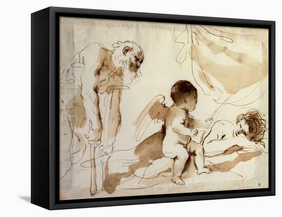 Man on Crutches, Cupid and Sleeping Venus (Pen, Ink and Wash on Paper)-Guercino (1591-1666)-Framed Premier Image Canvas