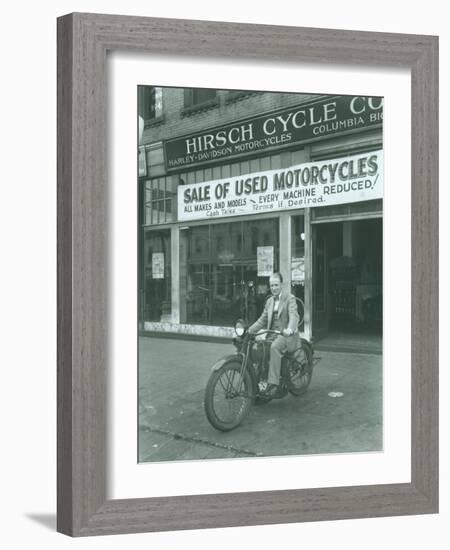 Man on Harley Davidson Motocycle at Hirsch Cycle Co., 1927-Chapin Bowen-Framed Giclee Print