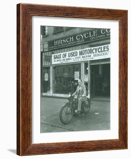 Man on Harley Davidson Motocycle at Hirsch Cycle Co., 1927-Chapin Bowen-Framed Giclee Print