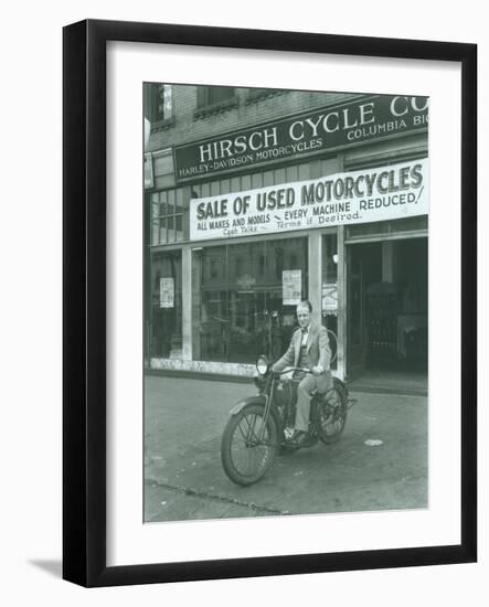 Man on Harley Davidson Motocycle at Hirsch Cycle Co., 1927-Chapin Bowen-Framed Giclee Print