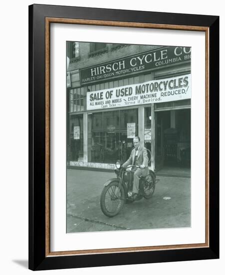 Man on Harley Davidson Motocycle at Hirsch Cycle Co., 1927-Chapin Bowen-Framed Giclee Print