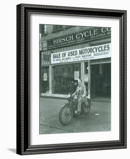 Man on Harley Davidson Motocycle at Hirsch Cycle Co., 1927-Chapin Bowen-Framed Giclee Print