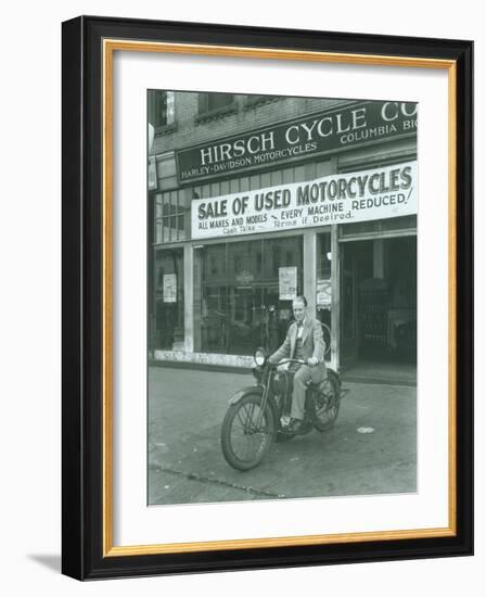 Man on Harley Davidson Motocycle at Hirsch Cycle Co., 1927-Chapin Bowen-Framed Giclee Print