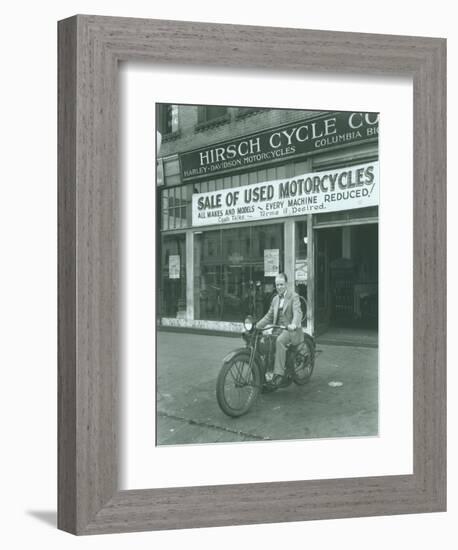 Man on Harley Davidson Motocycle at Hirsch Cycle Co., 1927-Chapin Bowen-Framed Giclee Print