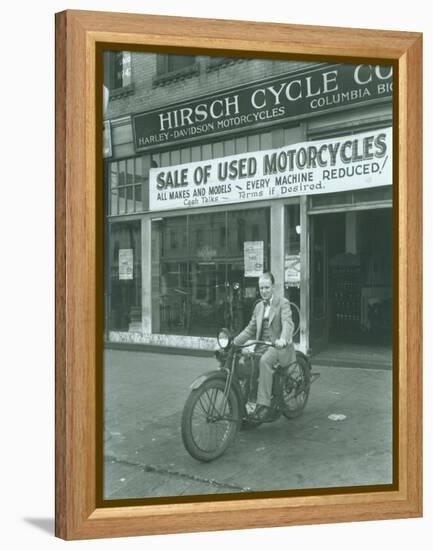 Man on Harley Davidson Motocycle at Hirsch Cycle Co., 1927-Chapin Bowen-Framed Premier Image Canvas