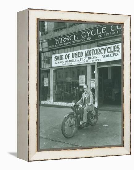 Man on Harley Davidson Motocycle at Hirsch Cycle Co., 1927-Chapin Bowen-Framed Premier Image Canvas