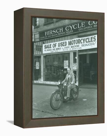 Man on Harley Davidson Motocycle at Hirsch Cycle Co., 1927-Chapin Bowen-Framed Premier Image Canvas