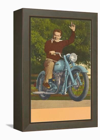 Man on Motorcycle, Waving-null-Framed Stretched Canvas