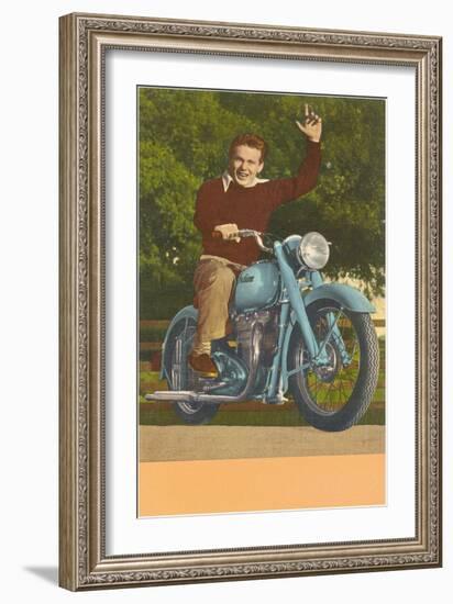 Man on Motorcycle, Waving-null-Framed Art Print